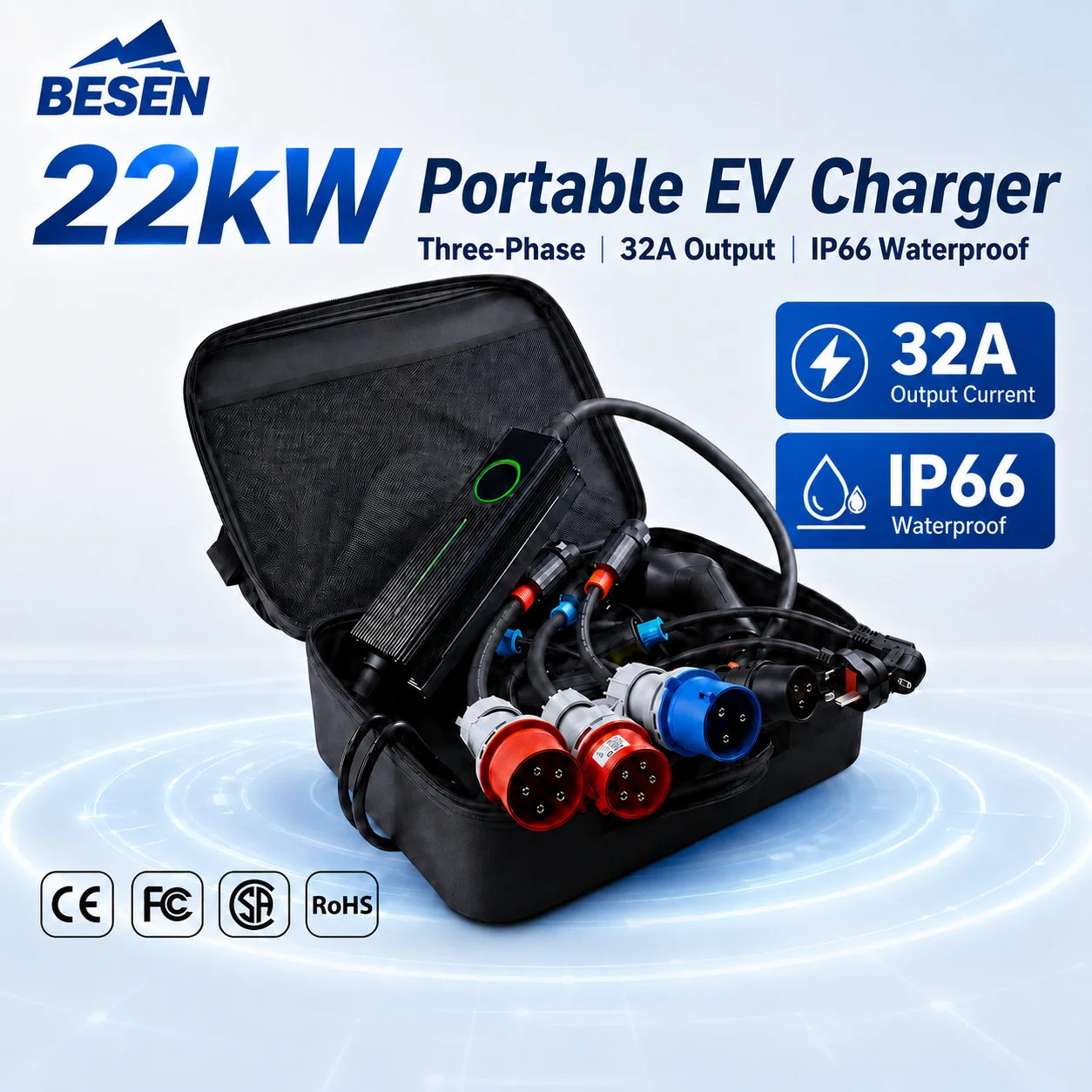 BESEN IP66 22kW PORTABLE CHARGING STATIONS 32 Amp EV CHARGER With LCD TOUCH SCREEN