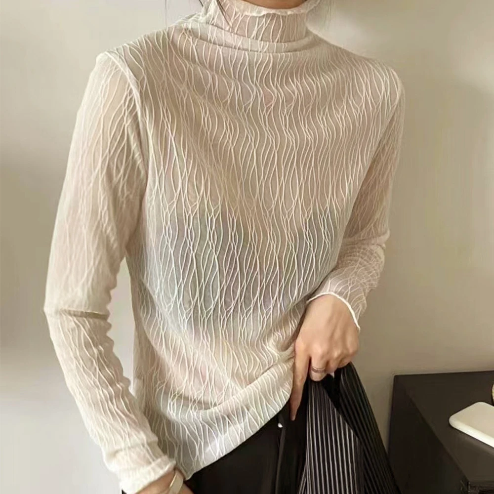 Sexy High Neck Long Sleeve Black T-shirt S-XL Women's Club Wear Mesh Shirt Perspective Long Top Lace Hollow 4 Color Transparent