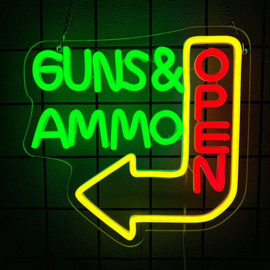 Guns & Ammo Open Neon Sign For Wall Decor,Light Up Sign For Gun Store Decor,Bar,Party,Man Cave,Game Room,Garage,Shooting Range