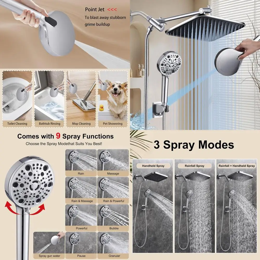 14 High-Pressure Dual Shower System with 9 Sprays, Handheld & Fixed Heads, 70 Hose, 11 Extension Arm, Chrome Finish