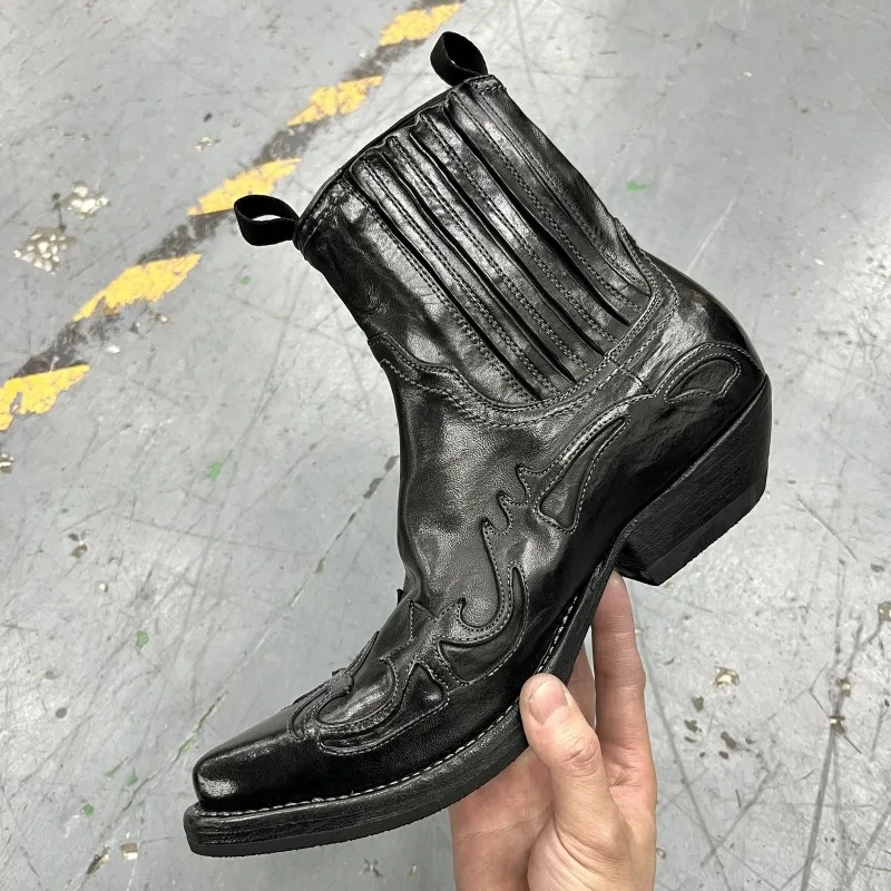 Designer Fashion Retro Western Cowboy Boots Men's Shoes High Top Pointed Toe Upturned Embroidered Knight Chelsea Boots Male