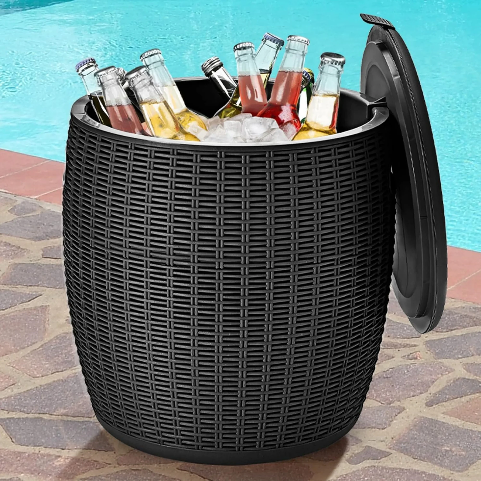 9.5 Gal Cooler Bar Table, Patio Wicker Ice Cool Bar Table, Outdoor Rattan Bar Table with Ice Bucket, Ice Bucket with Side Handles & Lid, Beer & Wine Cooler for Party, Poolside, Deck, Yard