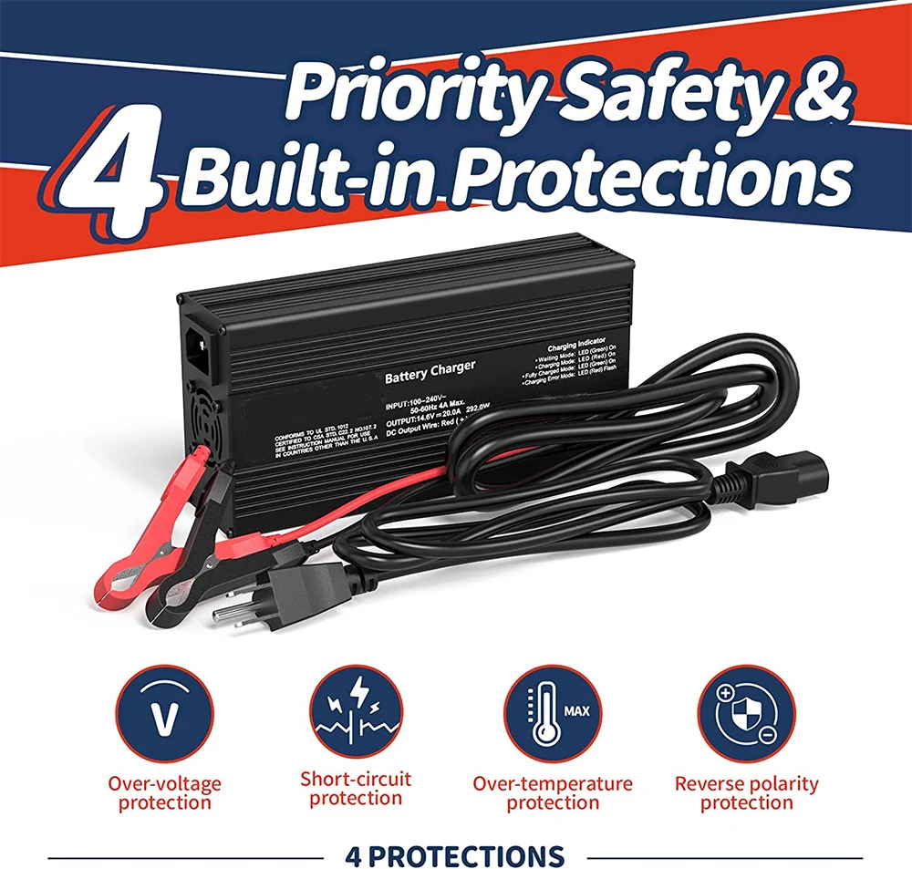 12V 20A 14.6V LiFePO4 Battery Charger with Alligator Clips for 12.8V Cars Trucks and Motorcyles, Automotive Essentials