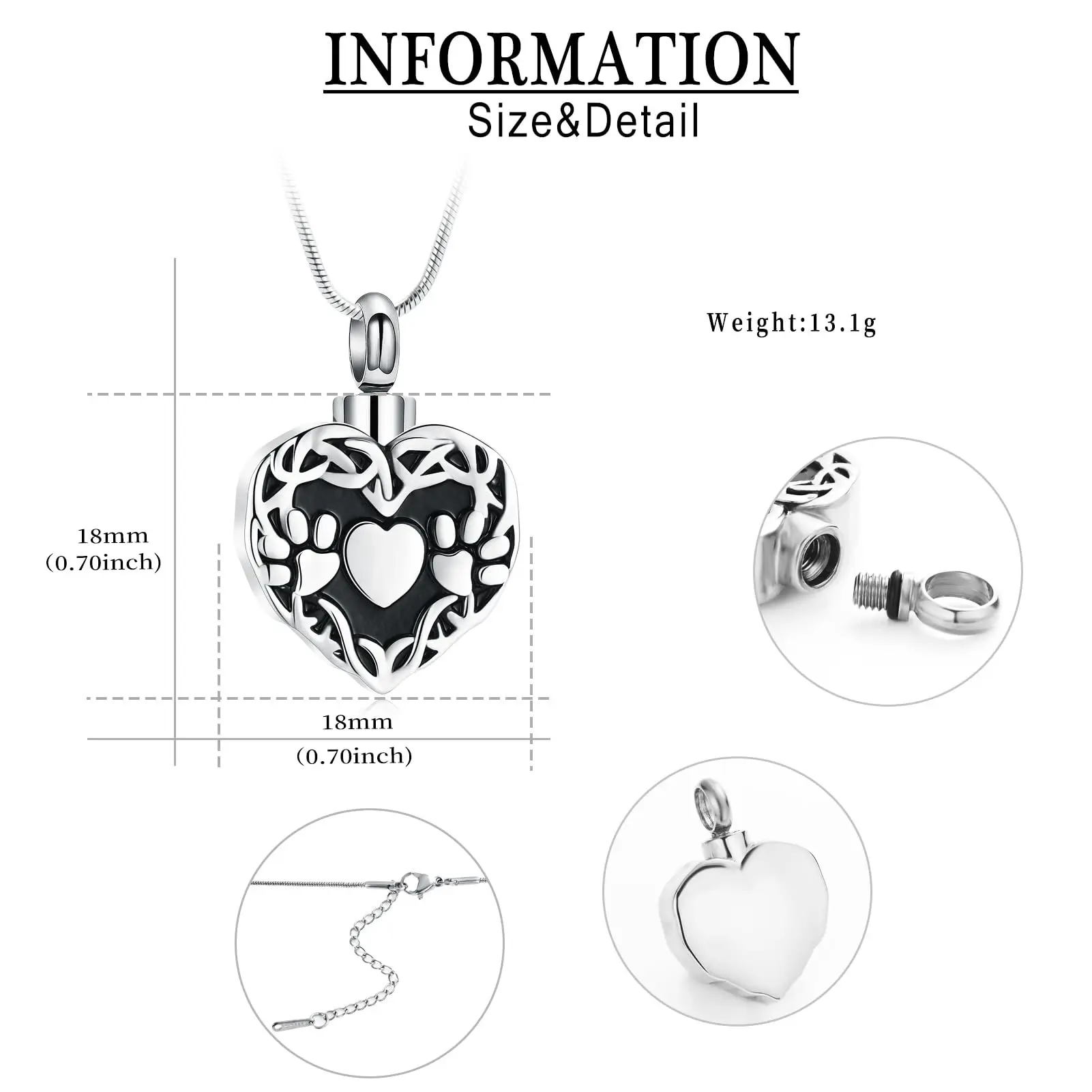 Pet Paw Print Urn Necklace for Dog Cat Ashes Loved One Memorial Keepsake Heart Cremation Jewelry