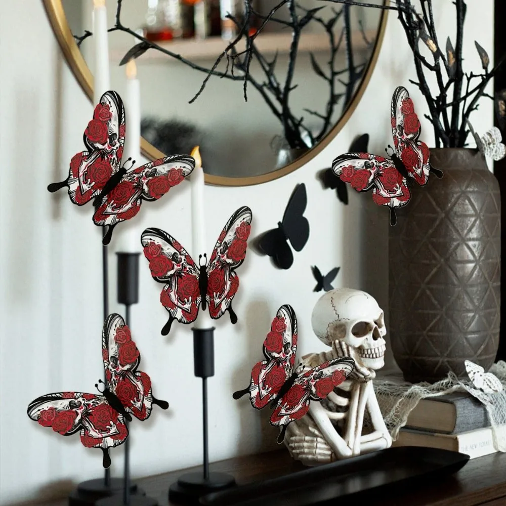 

Double Layer Halloween Wall Stickers Hollow Out DIY Butterfly Skull Stickers PVC Red 3D Butterfly Wallpaper Decal Haunted House