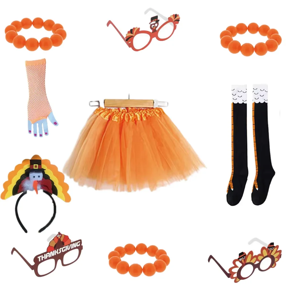 PESENAR Thanksgiving Türkei Kostüm Set Thanksgiving Tutus Türkei Gesicht T-Shirt Trot Hat Socken für den Urlaub