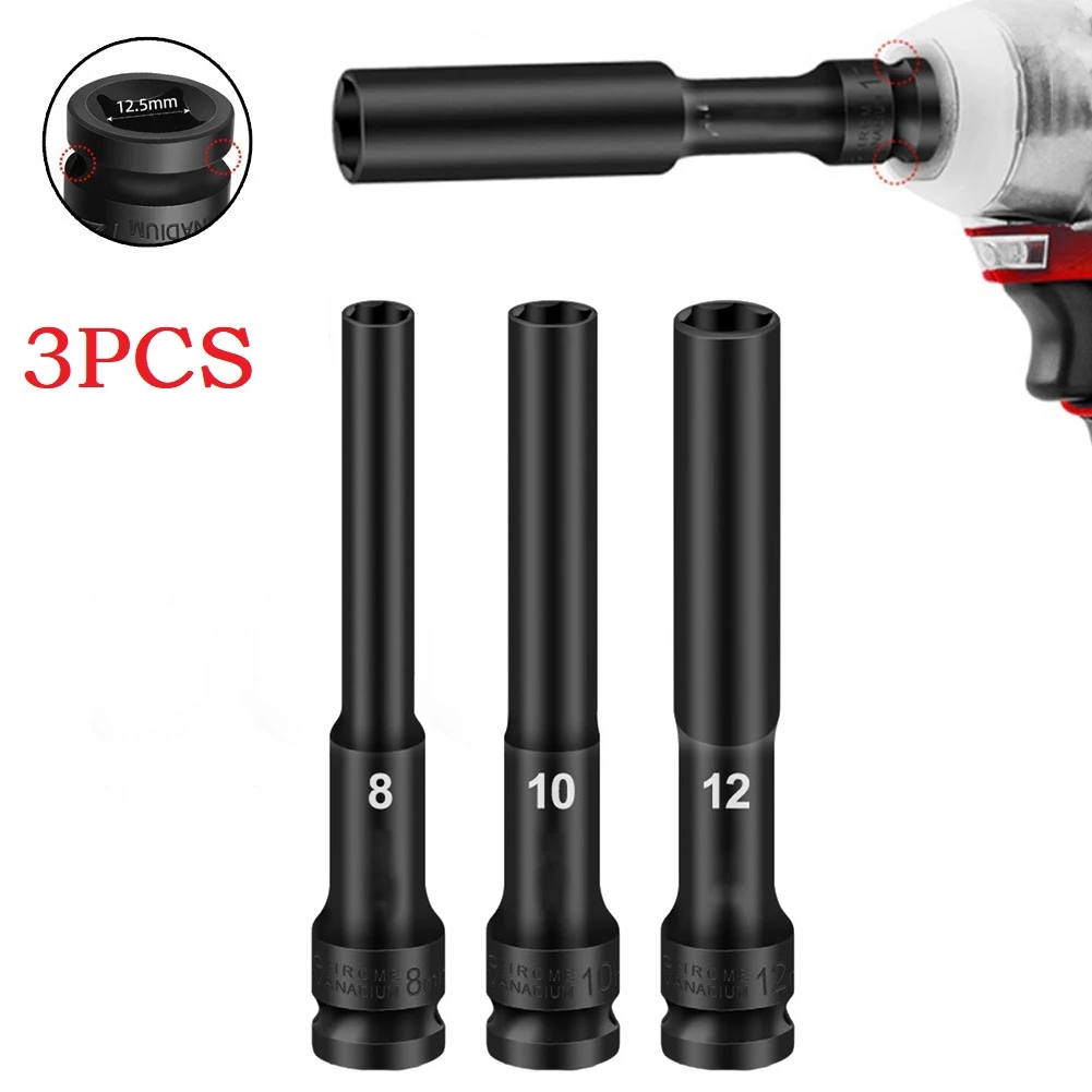 3pc 1/2 Drive Socket Im-pact Wrench Head 8mm 10mm 12mm Electric Im-pact Hex Wrench Socket Adapter Spanner Converter