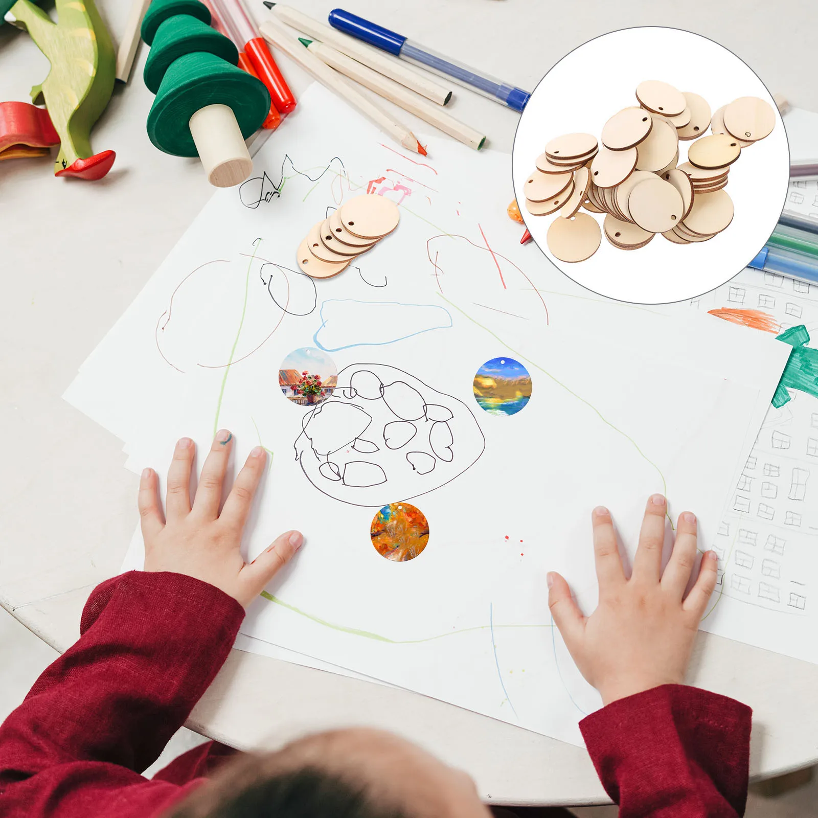 

50pcs Wooden Slice for Craft Round Wood Piece Unfinished DIY Decor Hole Smooth Environmental Protection Art Project