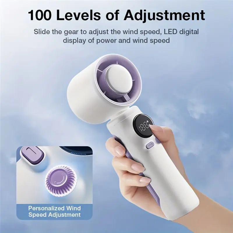 Rechargeable Handheld Turbo Fan 4000Mah USB Charging Mini Fan High Speed Cooling With LED Digital Display For Travel Purple.-A54