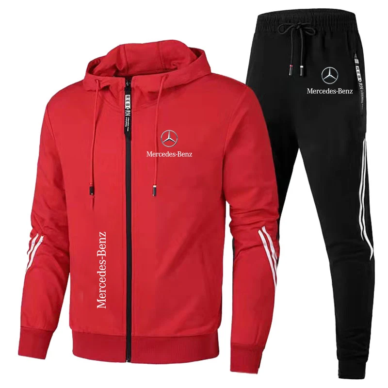 Trendy Men Tracksuit Mercedes-Benz Sweat Suit Men Hooded Zip Sweatshirt+Pants 2 Piece Set Outdoor Sportswear Benz Racing Jacket