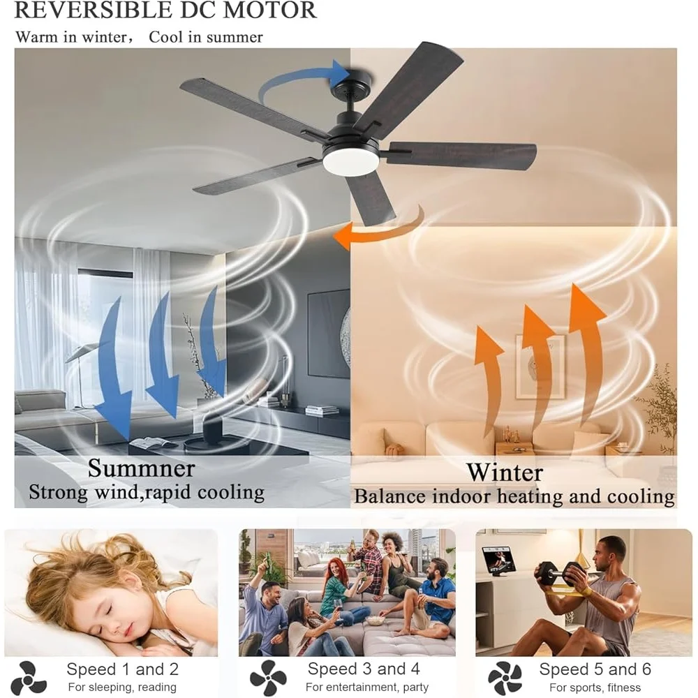 مروحة سقف ذكية مقاس 52 بوصة مع أضواء للتحكم عن بعد في التطبيقات، محرك تيار مستمر هادئ، 8 سرعات قابلة للتعتيم، مؤقت إيقاف تلقائي منخفض LED