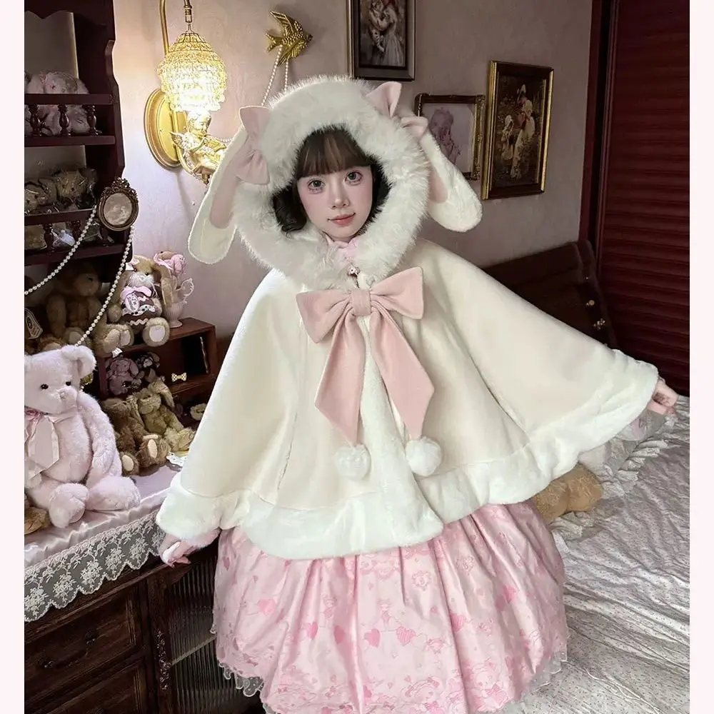 

Winter Japanese Lolita Cape Coat Thickened Woolen Bow Design Windbreaker Sweet Kawaii Chic Christmas Warm Outwears Woman Clothes
