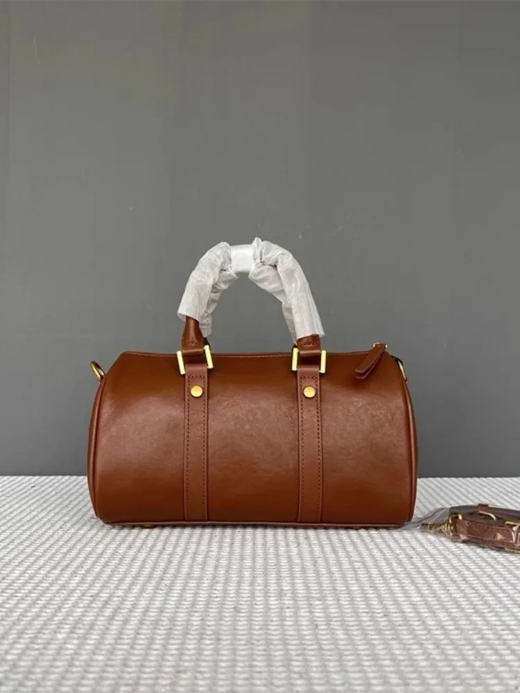 Retro Women Cowskin Genuine Leather Bag Fashion Tote Handbag Solid Color Boston Bag Office Ladies Single Shoulder Crossbody Bags