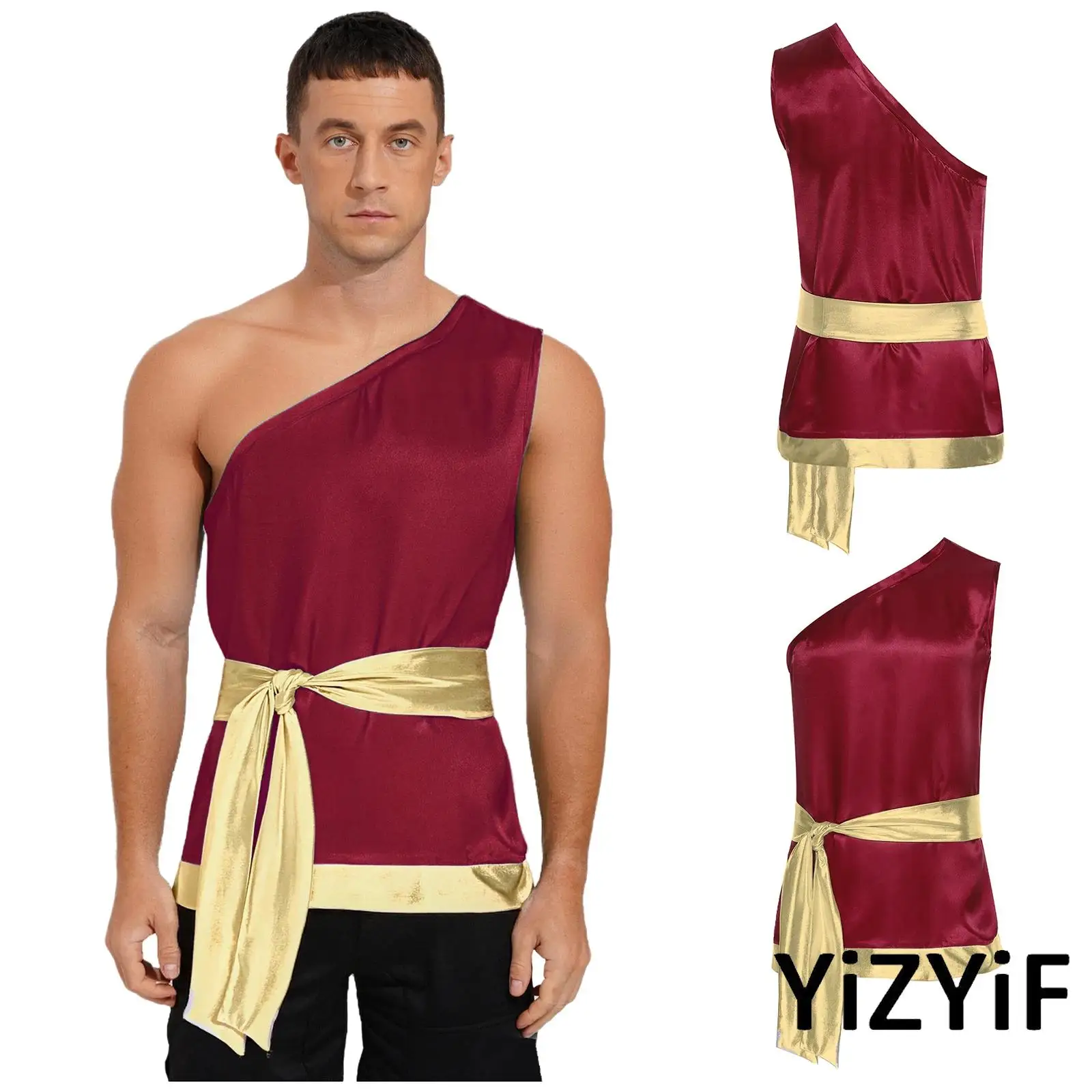 

Adult Mens Praise Dance Top One Shoulder Metallic Patchwork Shirt with Lace Up Waist Belt for Church Worship Dance Performance