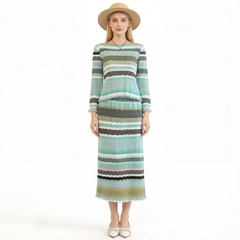 

Miyake Pleated New 2026 Spring/Summer Striped Skirt Set Fashion Two-Piece Long Sleeve Casual High Elasticity Pleated Set Pleat