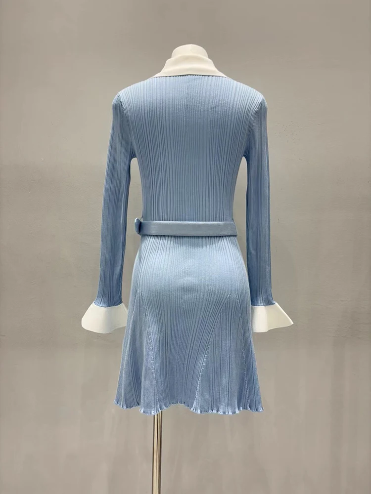 Blue knitted dress, elegant and stylish flared sleeve waist belt fitted short women's dress, New Arrivals for Autumn 2026