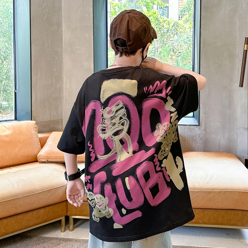 Stylish Children Summer Lettering Short Sleeve T-shirt for Tweens Boy New Casual Tee Shirt with Drawings Kids Cotton Tshirt Wear