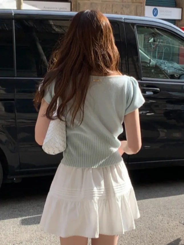 

Soft Cozy ort Sve Knitted Sweater Women's High Waist A-Line f Skirt Set Summer New Sle Age-Defng Gentle Faion