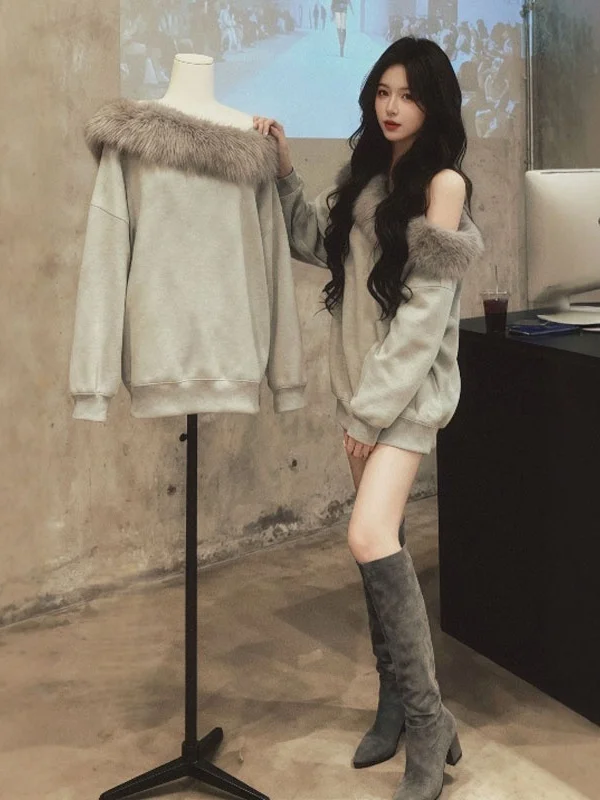 

Корейская модная толстовка оверсайз с длинными рукавами и открытыми плечами для женщин, зимняя повседневная удобная толстовка