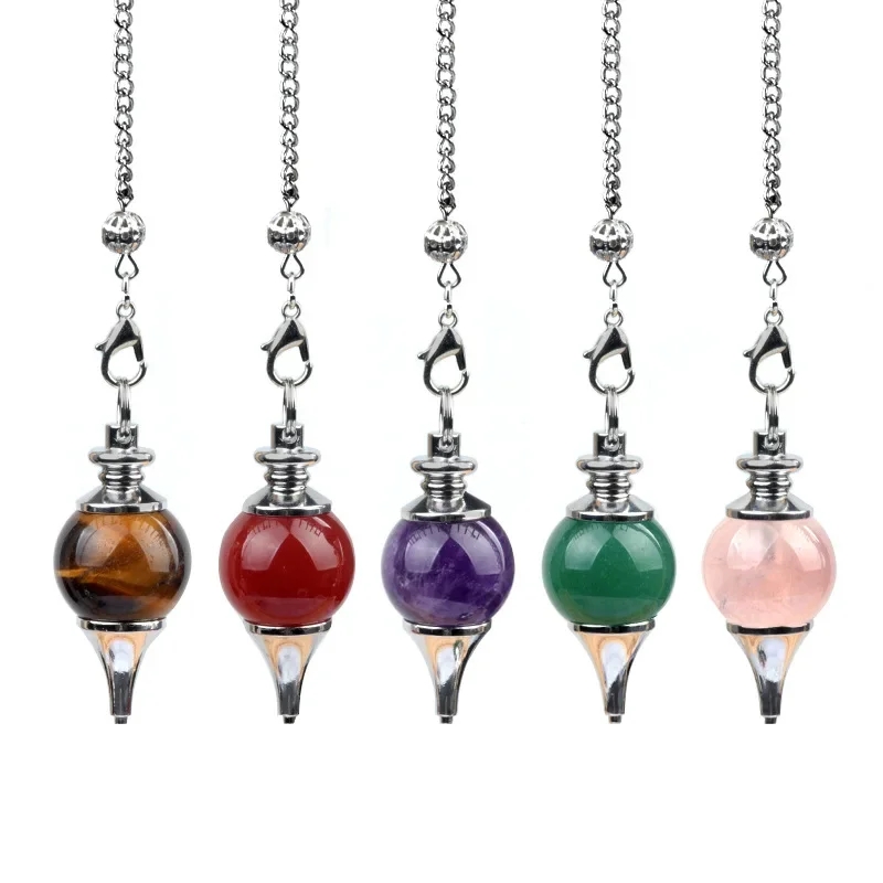 1 Piece Natural Chakra Lapis Amethyst Tiger Eye Stone Carved Crystal Reiki Healing Energy Pendulum with Alloy Chain Ball