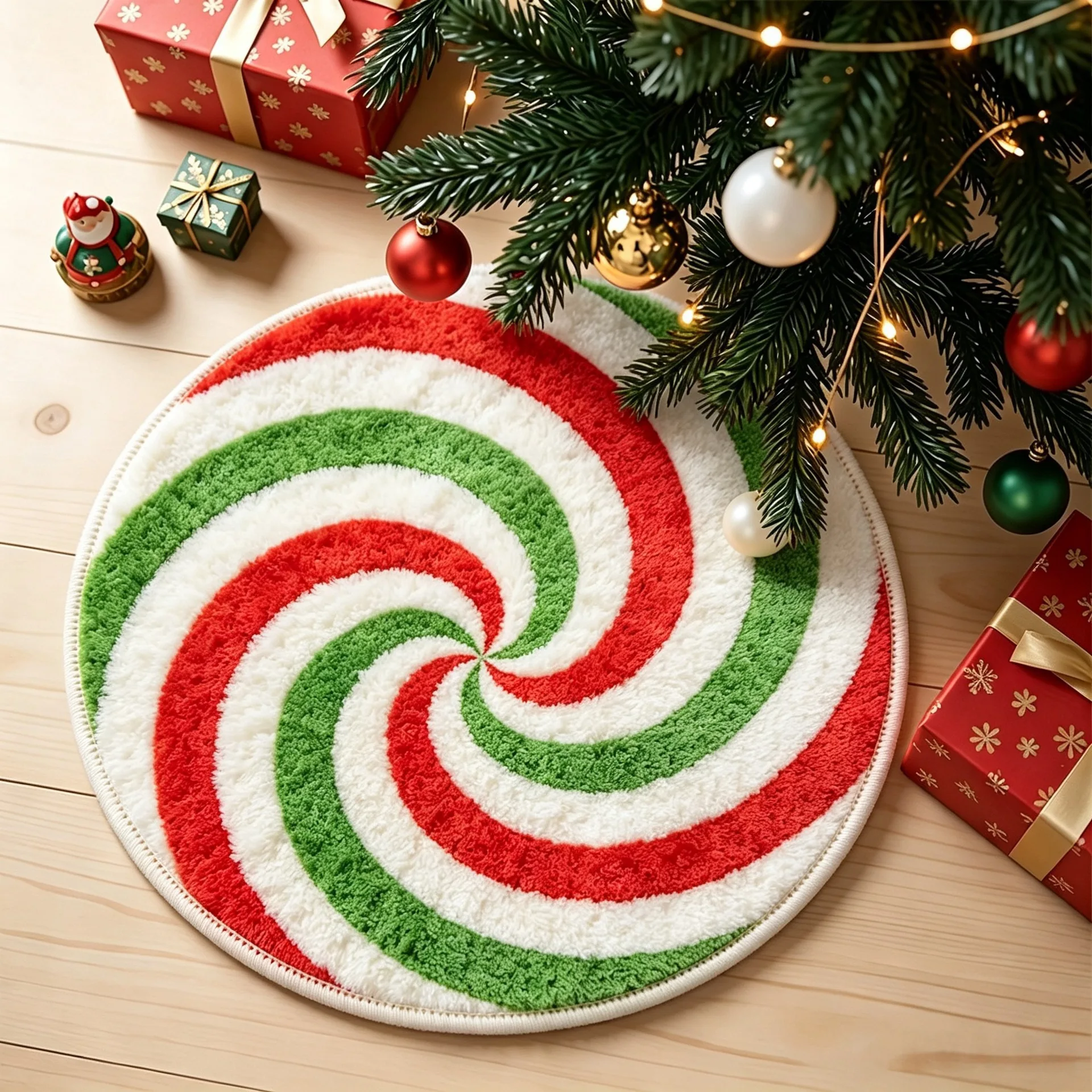 Christmas Candy Swirl Round Fluffy Rug Non Slip Soft Shaggy Floor Carpet Living Room Sofa Bedroom Bedside Xmas Home Decor