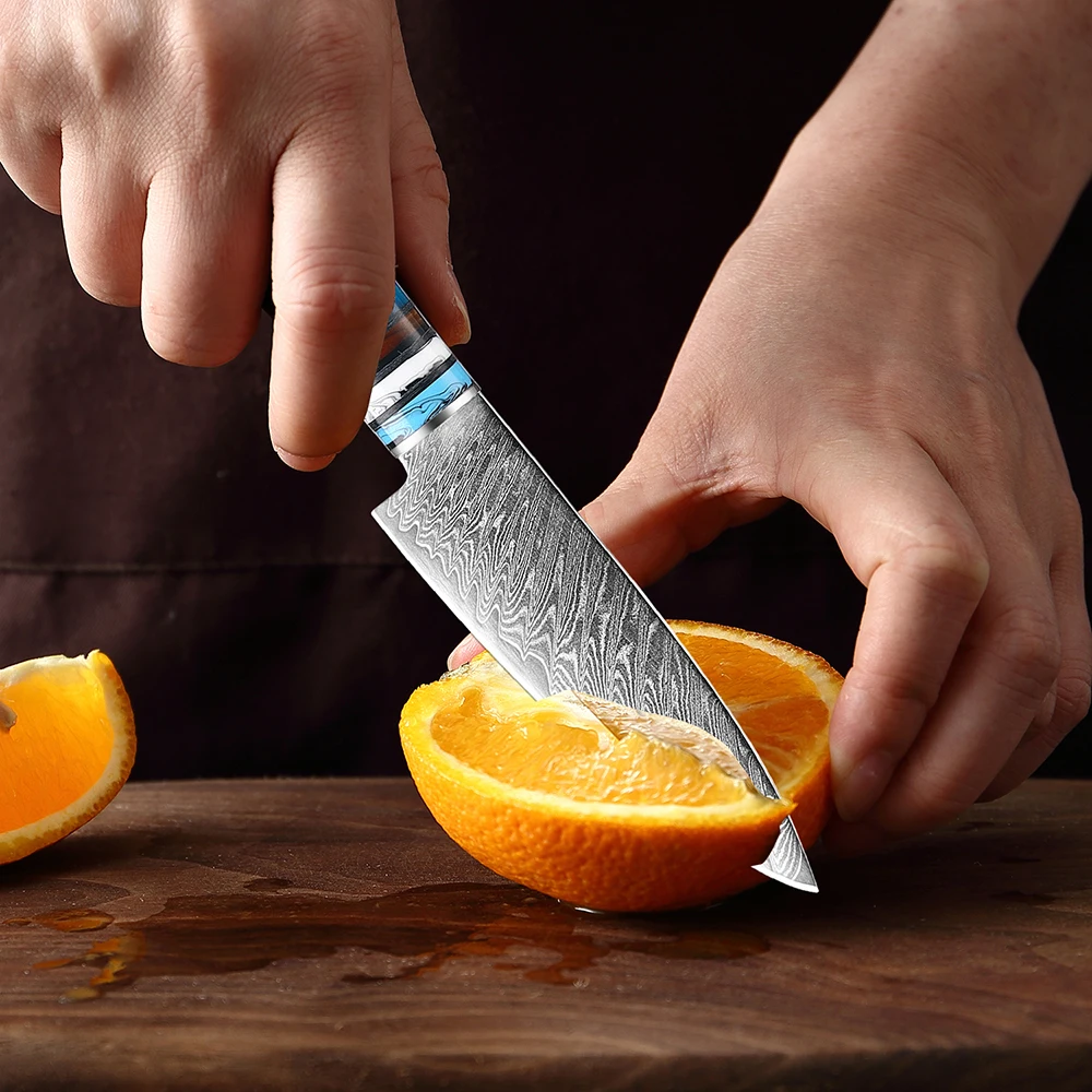 

Дамасский 67-слойный стальной 3,5-дюймовый нож для очистки овощей, синяя смола и деревянная ручка, профессиональный нож для фруктов, кухонный маленький нож, нож для очистки
