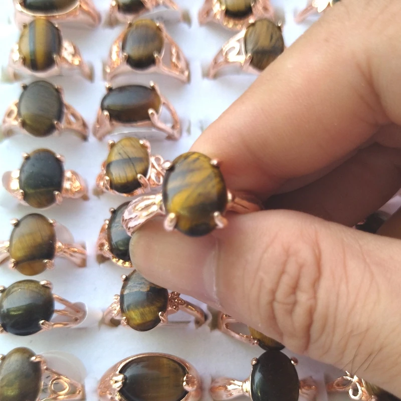 Rose Gold Plated Natural Tiger Eye Stone Rings 50pcs/lot Mixed Design For Women