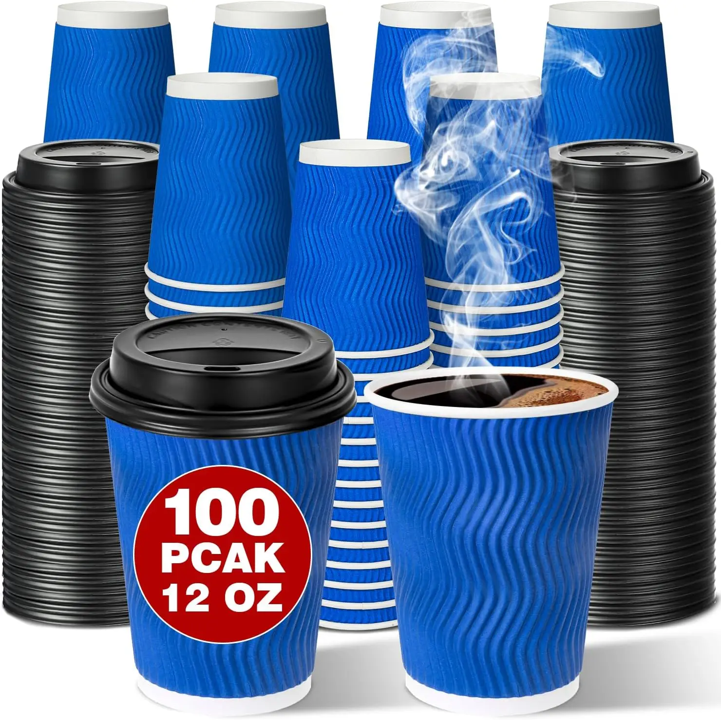 

Disposable To Go Coffee Cups with Lids 12 oz 100 Pack, Double Wall Insulated Blue Paper Cups for Hot