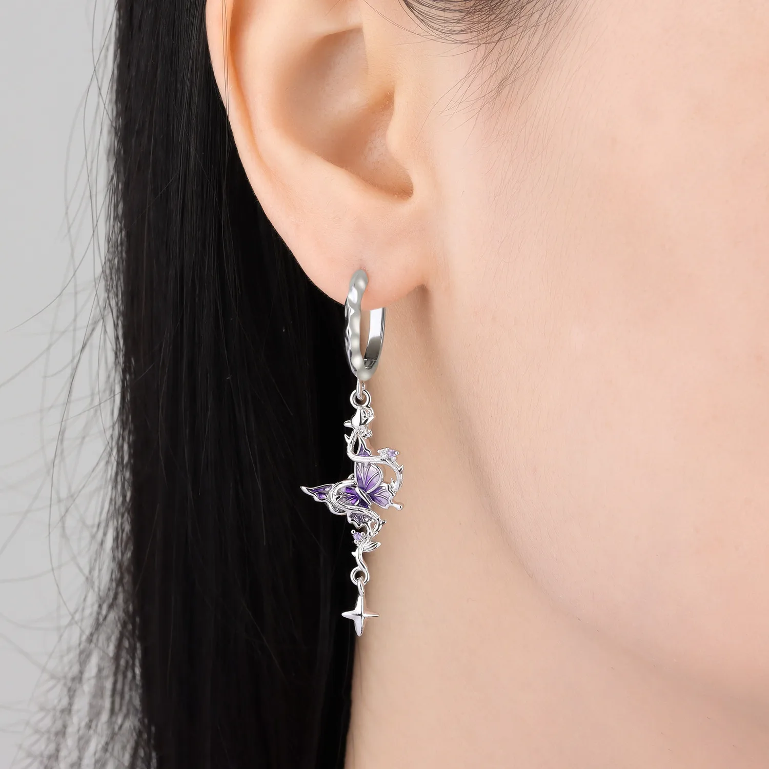 Original 925 Sterling Silber Ohrringe, Vielseitige Exquisite Hellviolette Rosa Blumen-Schmetterlings-Ohrringe, Schmuck für Frauen zum Geburtstag – Detail 22