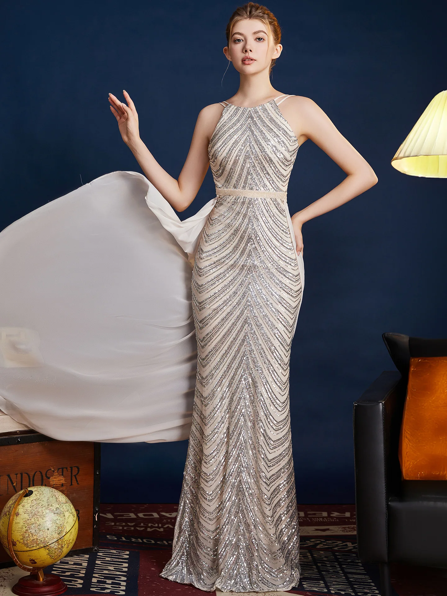 

Evening Dress Women's High-End High-Grade Ladies Banquet Slim-Fit Sequined Fishtail Sleeveless Long Dress