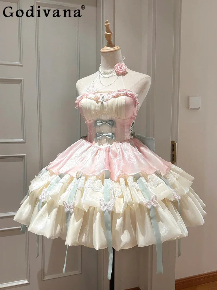 

Japanese Sweet Lolita Princess Dress Bow Lace Stitching Neck Sling Short Puffy Dress Summer Elegant Birthday Party Dress Women