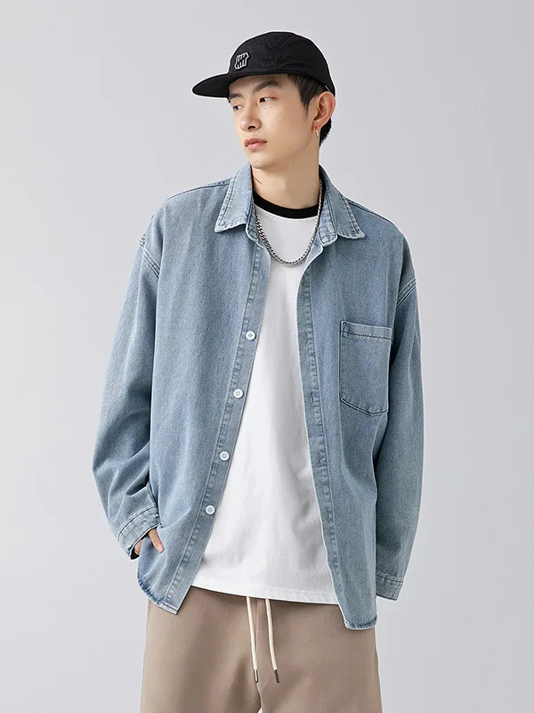 

Retro Korean Loose Fit Denim Shirt for Men Spring 2025 Washed Casual Long Sleeve Coat Couple's Fashion Synthetic Fiber