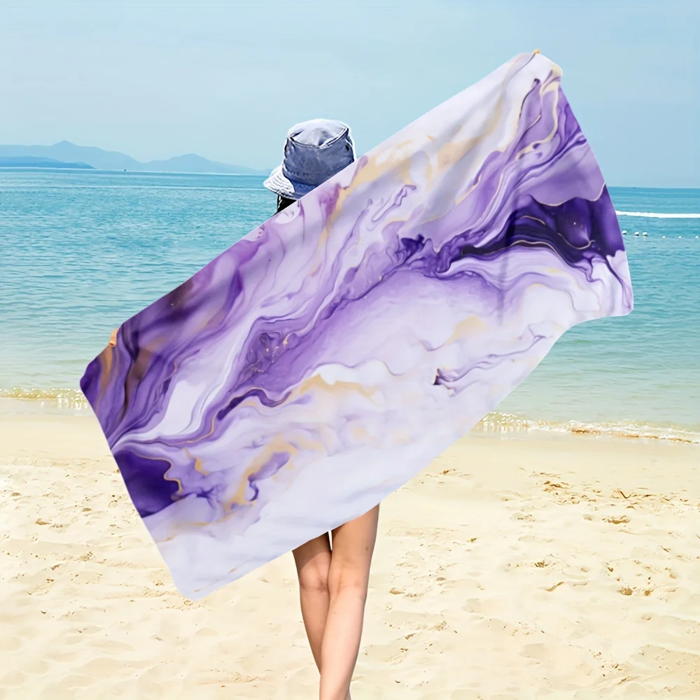 2D Flat Printed Microfiber Beach Towel 1 Piece Set Sandproof Waterproof Purple Marble Fluid Art Summer Pool Bath Towel Luxury