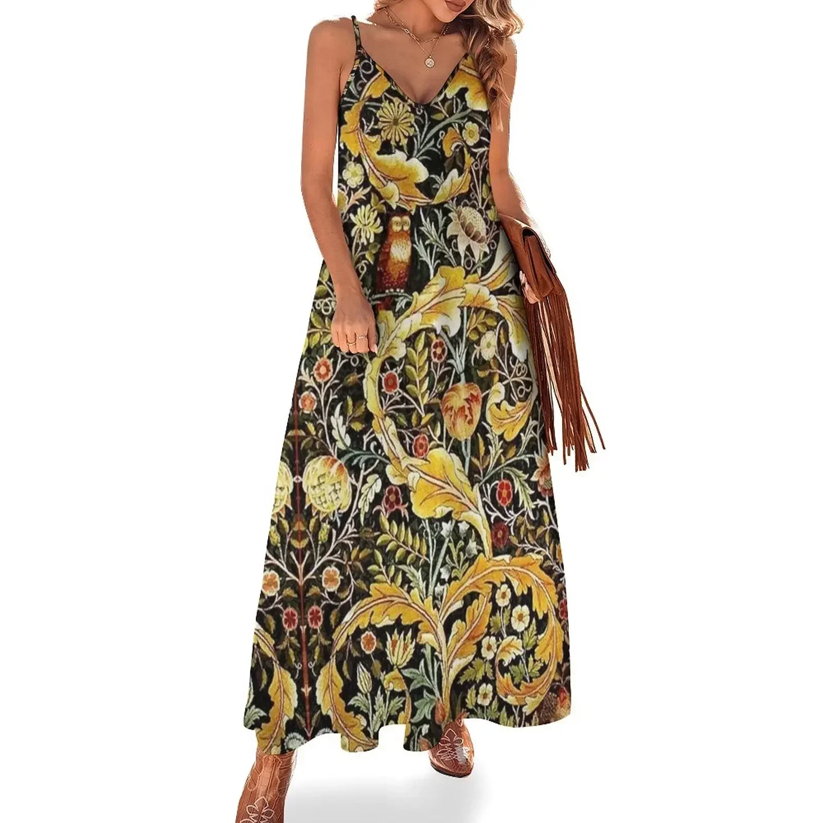 

OWL ON ACANTHUS LEAVES AND FLOWERS Yellow Brown Floral Sleeveless Dress summer clothes for women dress women summer 2025 Dress