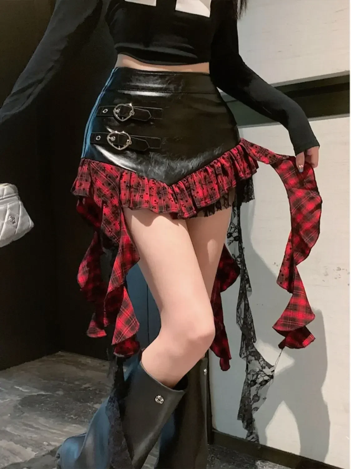 90s Plaid Print Patchwork Lace Irregular High Waist Skirts Y2k Vintage 2025 Black Red Punk Harajuku Rock Gothic Mini Skirt