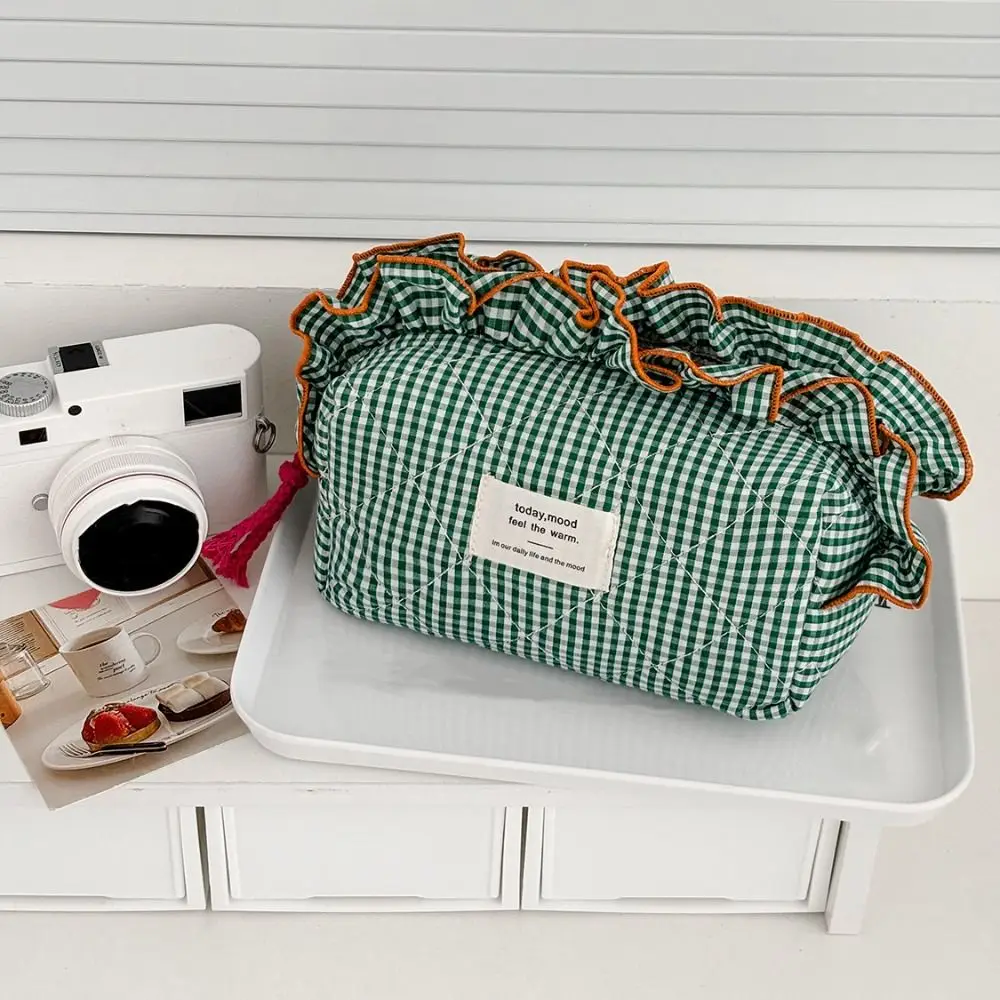Vintage Gingham Cosmetic Makeup Bag Ruffled Edges Organizer Beauty Bags Large Capacity Sweet Pencil Storage Bag Women Travel
