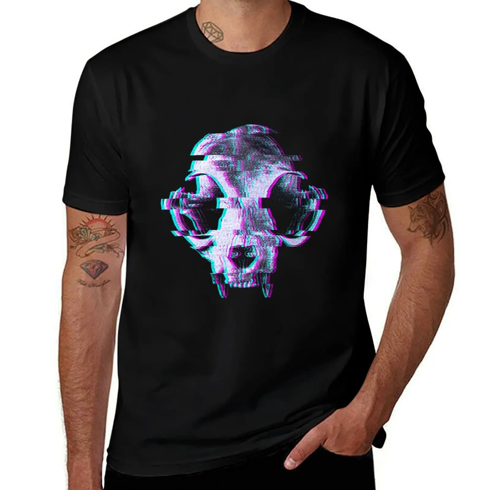 

black heavy man plain cotton Cat shirt for package Glitch t man Skull t-shirt T-Shirt cotton