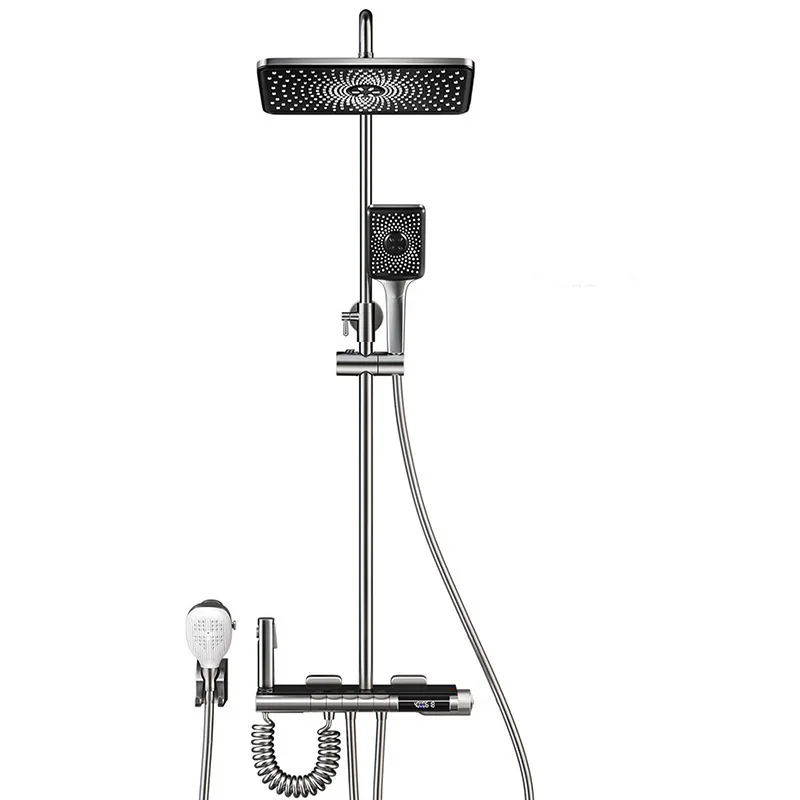 

High-end water-plated ash constant temperature shower set Children's five-speed button digital display tempered glass shower