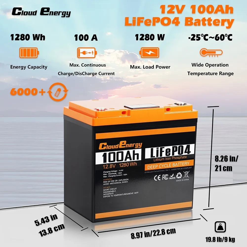 Cloudenergy 12V 100Ah LiFePO4 Battery Pack 1280Wh Energy, 6000+ Cycles, Built-in 100A BMS, Support Series/Parallel, Backup Power