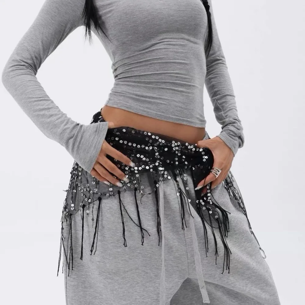Fashion Sequins Belly Dance Belt Jazz Dance Tassels Dancer Skirt Street Dance Show Costumes Hip Scarf for Thailand/India/Arab