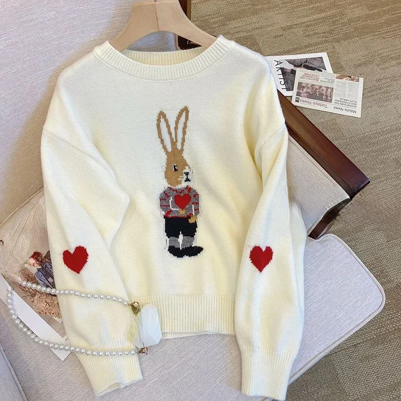 Hikigawa Casual Kawaii Rabbits Heart Jacquard Women Sweaters O Neck Long Sleeve Knitted Top Pullovers Sweet All Match Jumpers