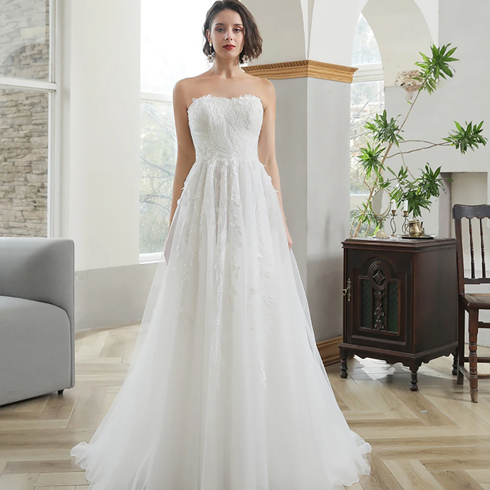 Lace A-line Wedding Dresses for Bride Strapless Sleeveless Beading Garden Country Women Bridal Gowns Customized vestido de novia view 3