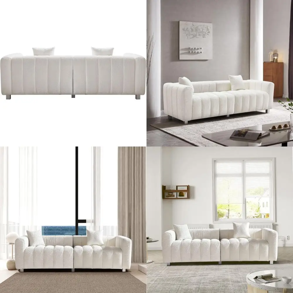 

87.4 White 3-Seater Boucle Sofa with Solid Wood Legs, 750 lbs Capacity