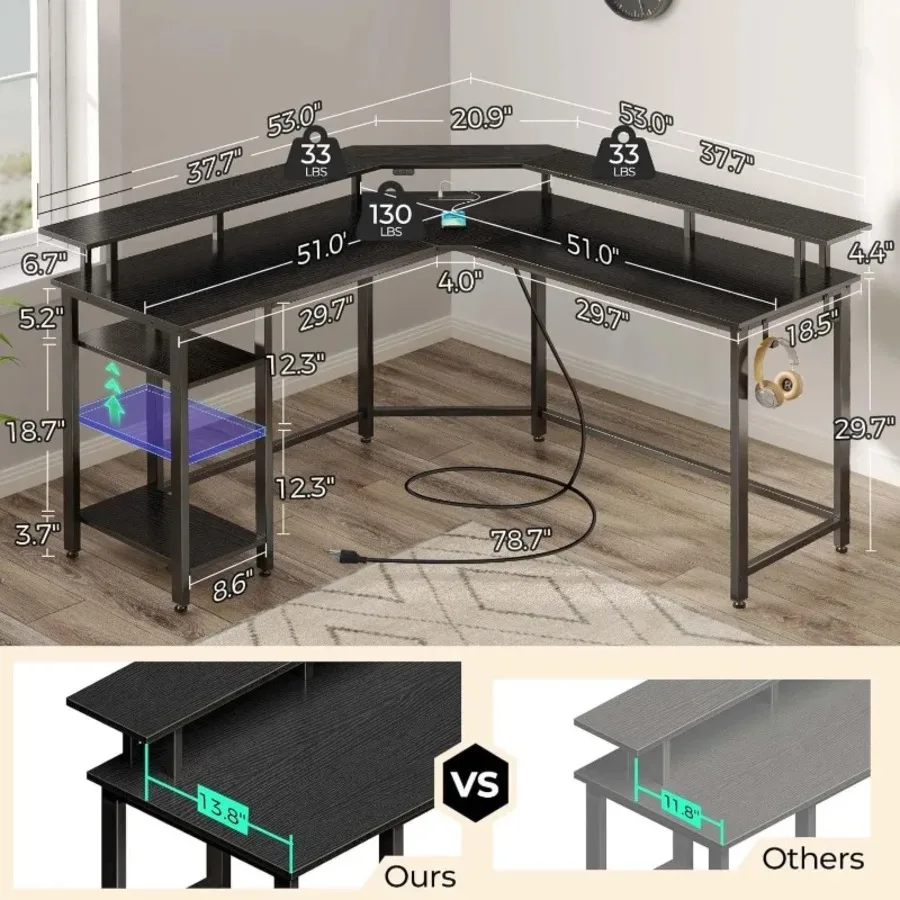 53" L-Shaped Game Table with LED Lights and Power Outlets, Reversible Corner Table, Black