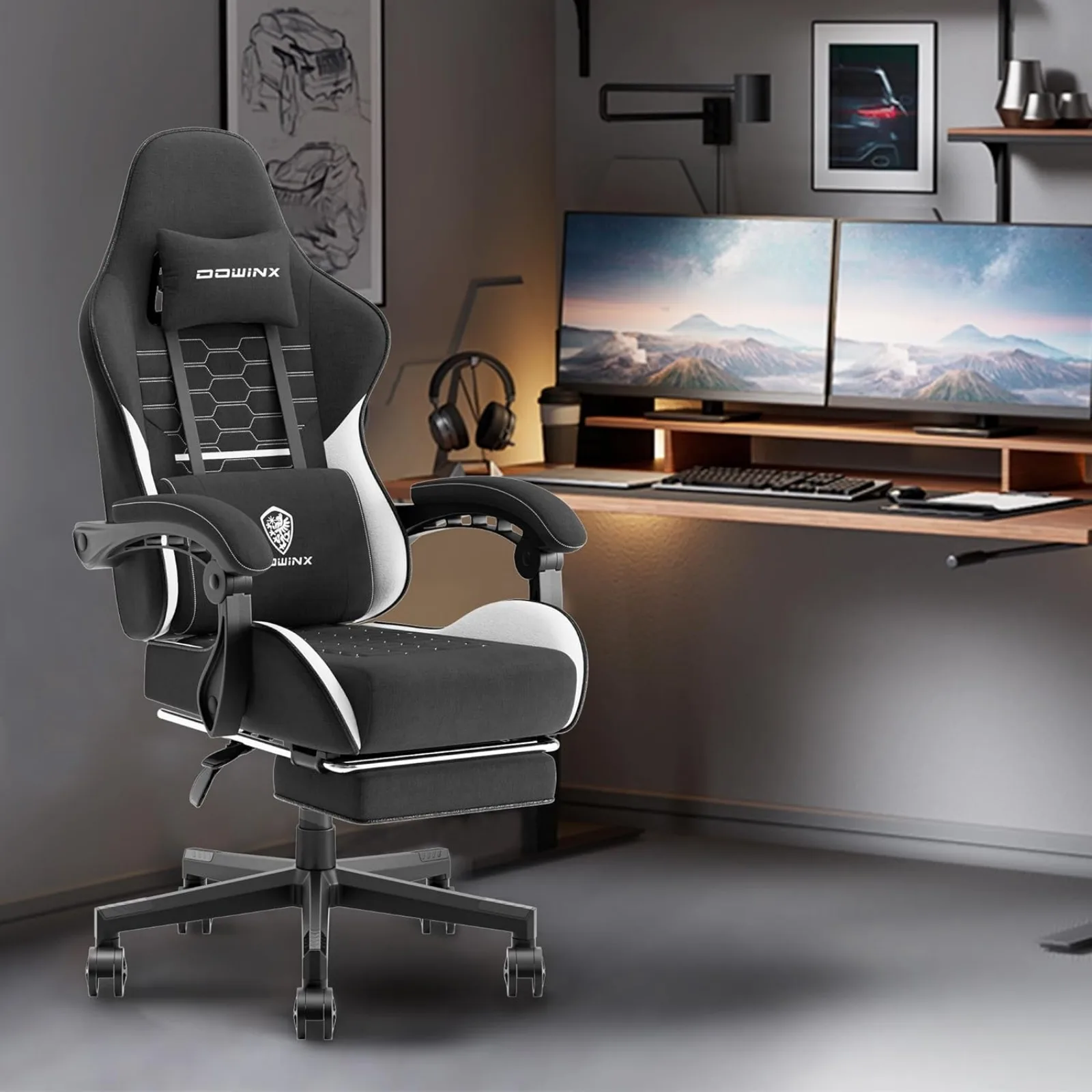 

US Gaming Chair Fabric with Pocket Spring Cushion, Massage Game Chair Cloth with Headrest, Ergonomic Computer Chair with