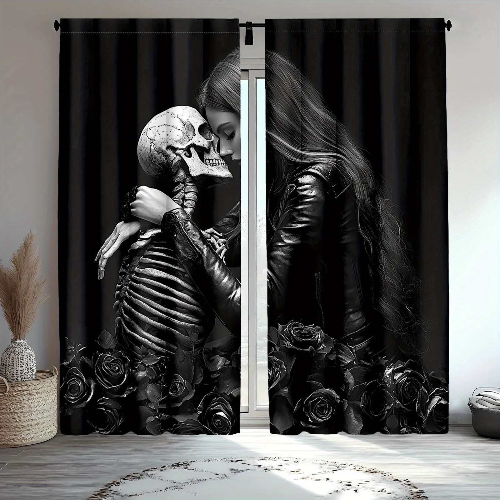 Skeleton and Woman Curtains Gothic Romance Art Window Drapes Black Roses Design Home Decor Dark Love Theme Living Room