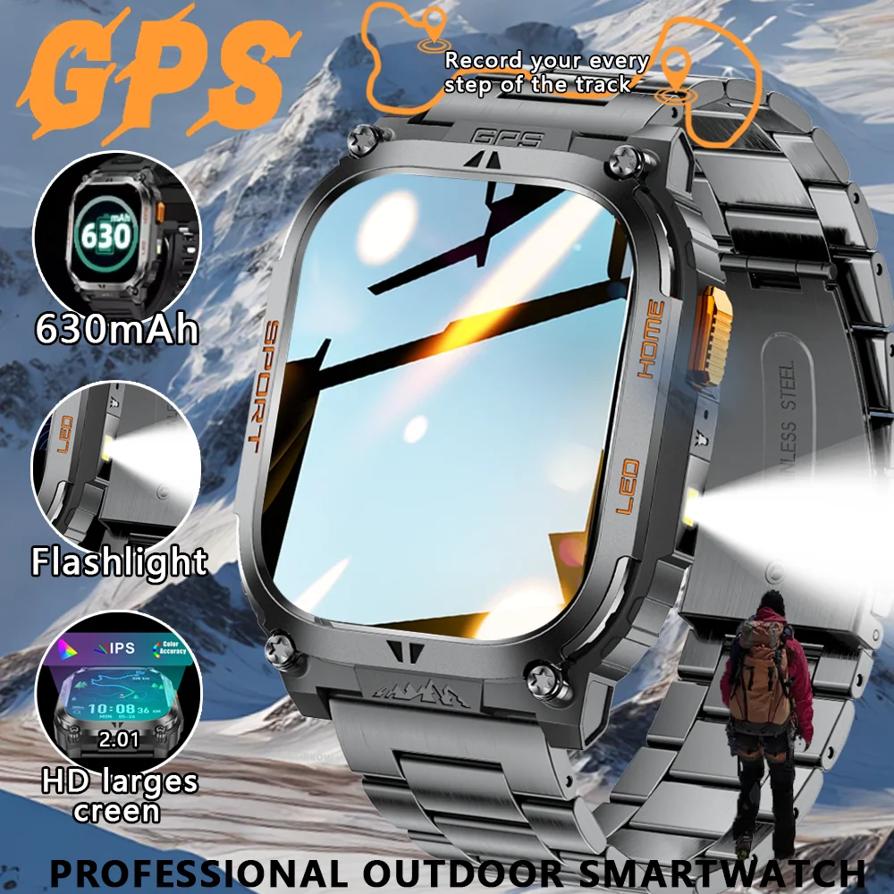 

2025New GPS Smart Watch For Xiaomi IOS Military Compass Flashlight Smartwatch Men 10ATM Waterproof 100+Sport Modes BT Call Watch