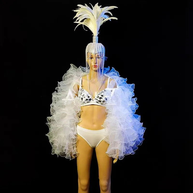

Bar Gogo Sexy Women Dance Costume White Feather Beading Headgear Crystal Bikini Gauze Sleeve Rave Outfit Party Show Stage Wear