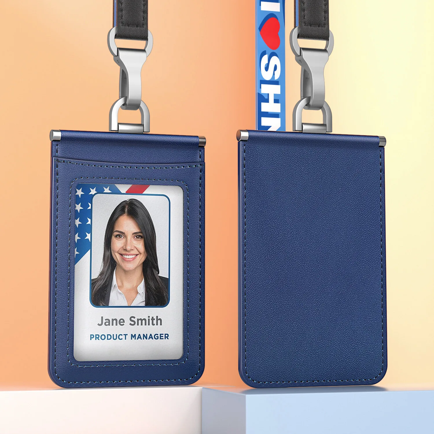 Simple Durable Cowhide Leather Work Card ID Holder with Lanyard Badge Access Control Card Company Staff Protection Cards Cases