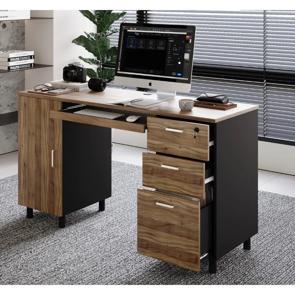 

Компьютерный офисный стол Design Venice с 3 запирающимися ящиками и шкафом для хранения, 53-дюймовый домашний и офисный представитель из ореха и черного цвета